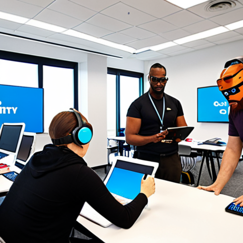 **Prompt:** A diverse group of employees participating in a gamified cybersecurity training session. They are actively engaged with laptops, tablets, and VR headsets, answering quiz questions and competing for points. The background shows a bright, modern office space with cybersecurity-themed decorations. The scene emphasizes collaboration, fun, and learning.