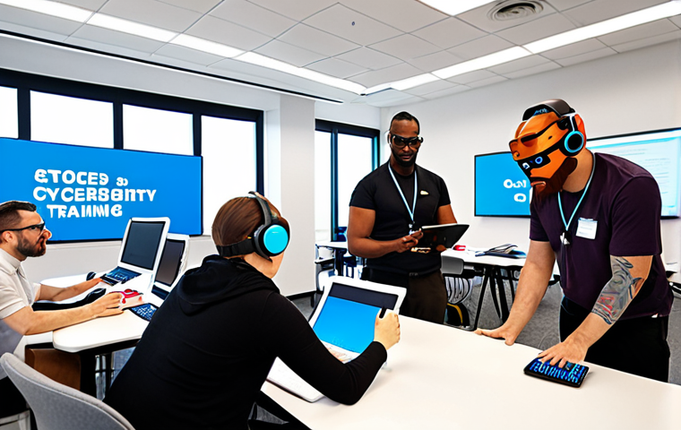 **Prompt:** A diverse group of employees participating in a gamified cybersecurity training session. They are actively engaged with laptops, tablets, and VR headsets, answering quiz questions and competing for points. The background shows a bright, modern office space with cybersecurity-themed decorations. The scene emphasizes collaboration, fun, and learning.