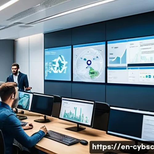 사이버 보안 인식 교육의 지속적 개선 방안 - A modern office environment showing a diverse team of professionals engaged in an interactive cybers...