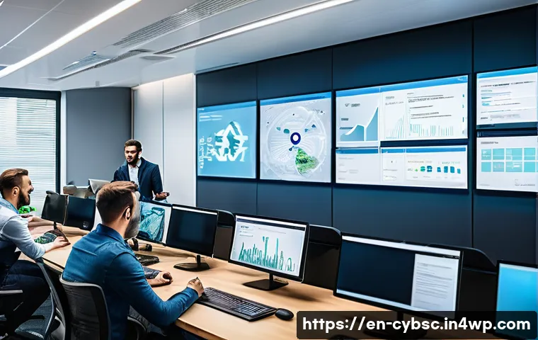 사이버 보안 인식 교육의 지속적 개선 방안 - A modern office environment showing a diverse team of professionals engaged in an interactive cybers...