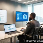사이버 보안 인식 교육 자료 제작 시 고려할 점 - A diverse group of office employees attentively participating in an interactive cybersecurity traini...