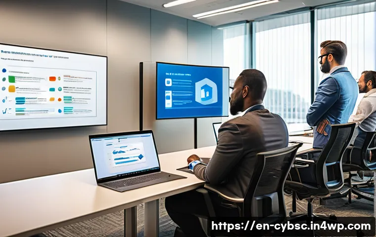 사이버 보안 인식 교육 자료 제작 시 고려할 점 - A diverse group of office employees attentively participating in an interactive cybersecurity traini...