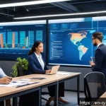 사이버 보안 인식 프로그램의 맞춤형 개발 방법 - A modern office setting with diverse employees grouped by roles: finance professionals analyzing spr...