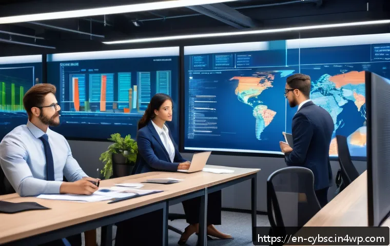 사이버 보안 인식 프로그램의 맞춤형 개발 방법 - A modern office setting with diverse employees grouped by roles: finance professionals analyzing spr...