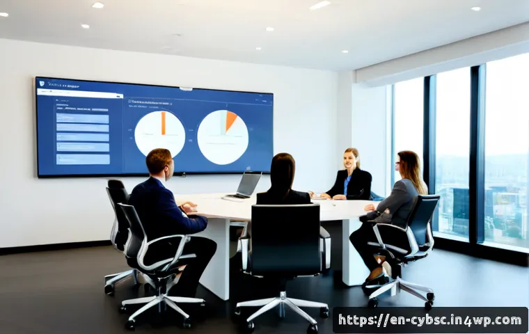 사이버 보안 인식 프로그램 효과 측정 도구 - Photorealistic corporate cybersecurity awareness measurement scene, diverse office team seated aroun...