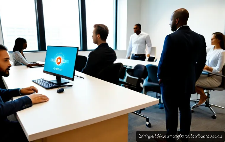 사이버 보안 인식 교육을 통한 기업 문화 변화 - Photorealistic corporate cybersecurity awareness workshop in a modern American office, diverse emplo...