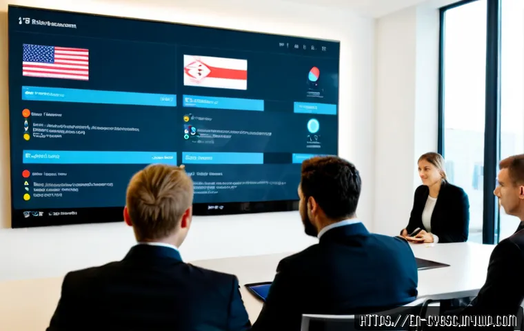 Home 17 사이버 보안 인식 교육의 실행 결과 분석 보고서 - Photorealistic corporate cybersecurity training results review, diverse office team seated around a ...